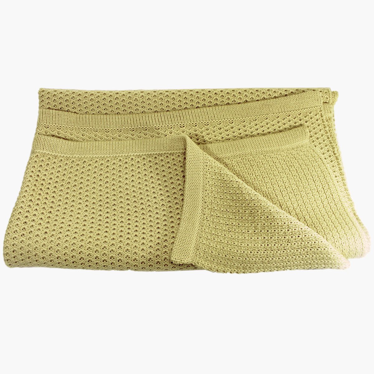 Matcha-Grüne Babydecke im Doubleface-Lochmuster gestrickt, aus feinster Bio-Merinowolle. Die Decke mißt ca 75x80cm.