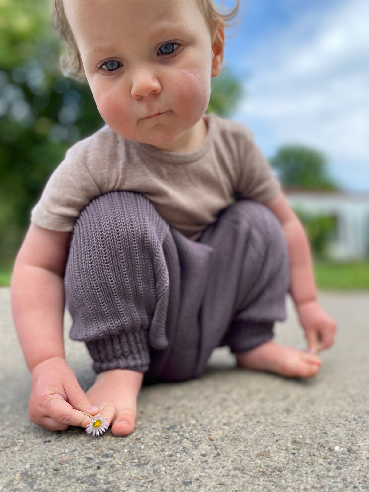 Ein Baby trägt eine Sarouelhose von vincente aus Tencel/Lyocell gestrickt in Fliederbrau