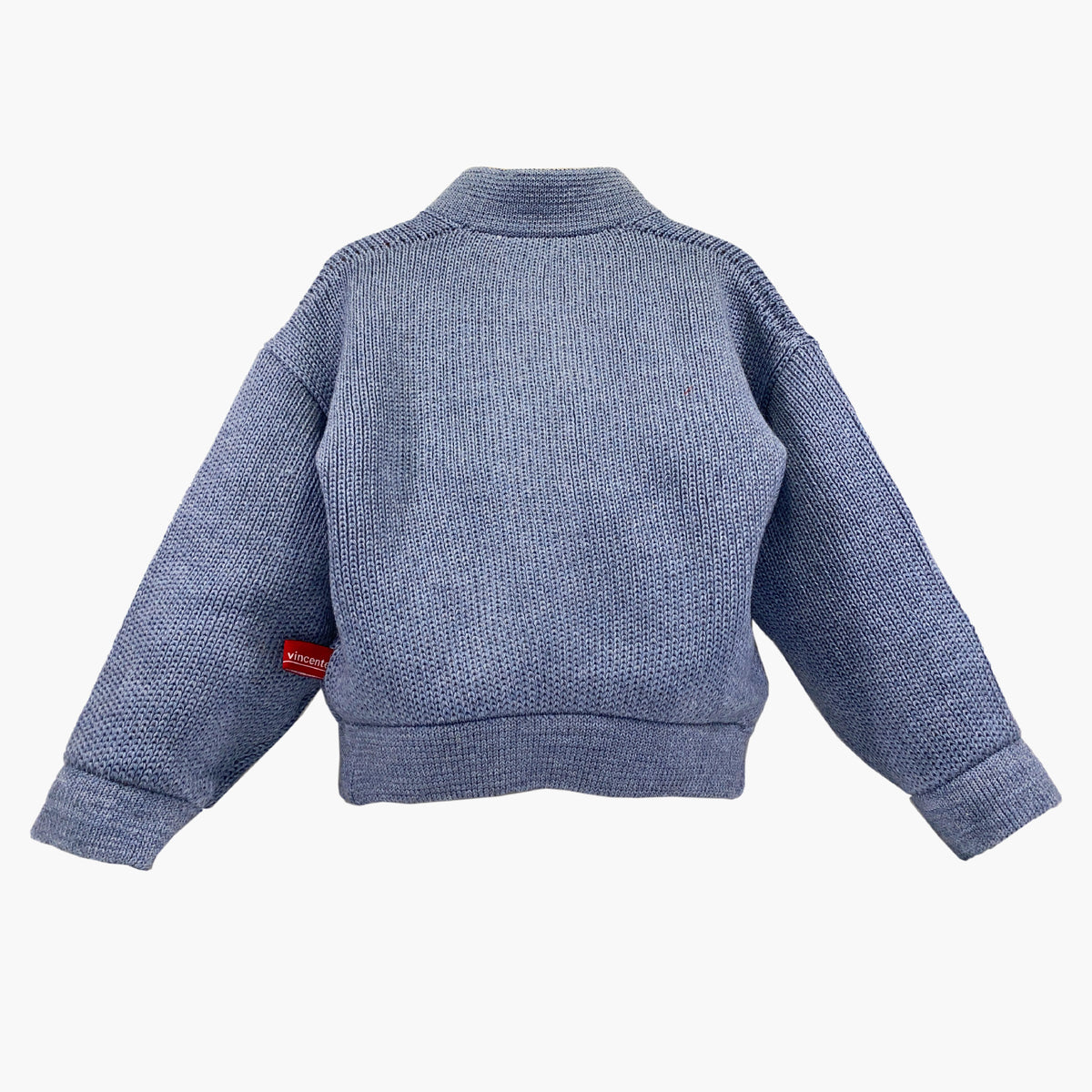 Rückseite einer Strickjacke im Stil einer Bomberjacke in Graublau