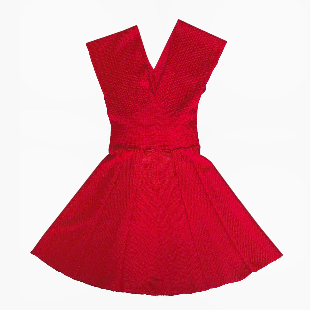 Rotes schwingendes Kleid mit angeschnittenen Ärmeln und V-Ausschnitt. aus feiner Bio-Merinowolle gestrickt von vincente