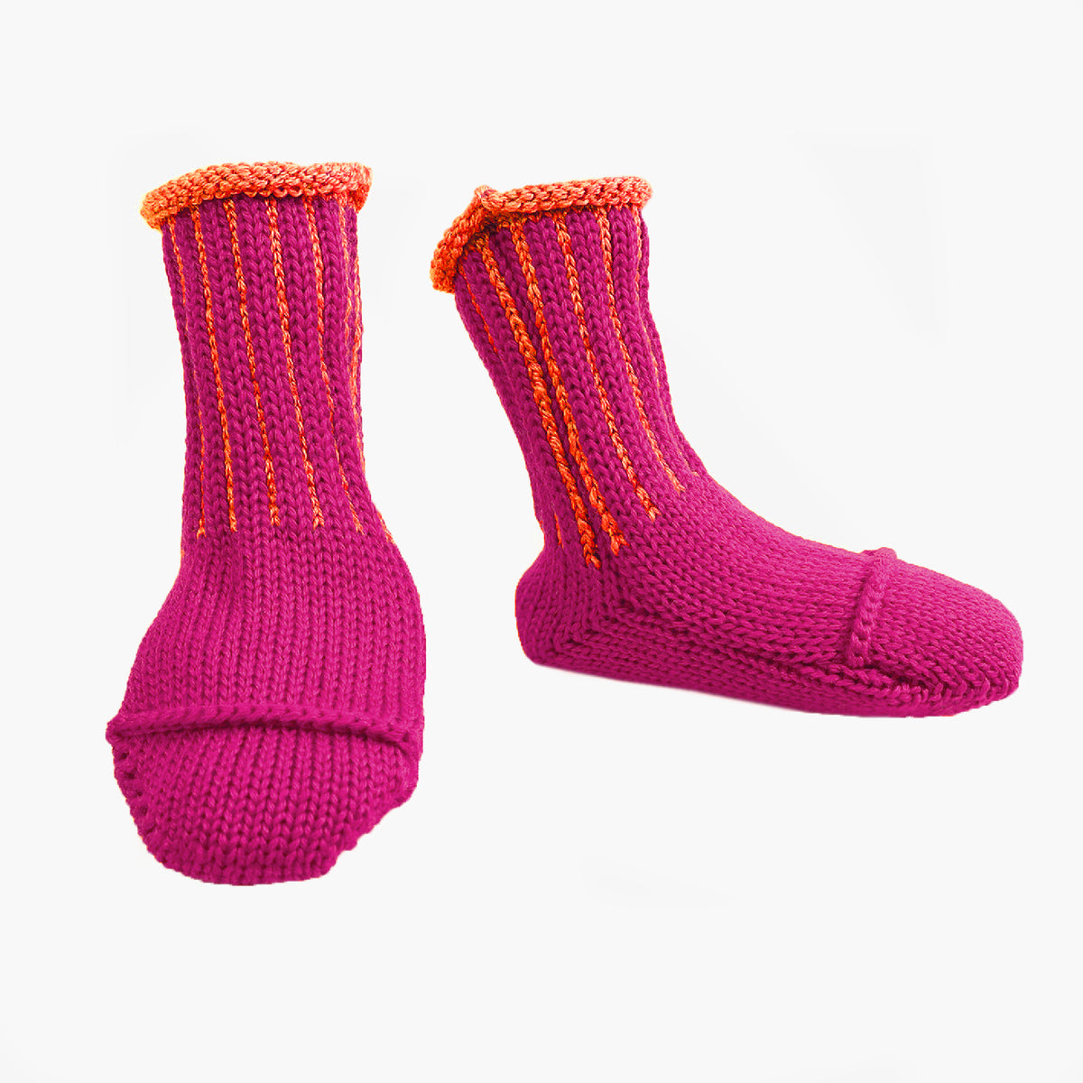 gestrickte Babysocken in Pink mit hochelastischem Bund mit Längs Streifen in Orange-Rot
