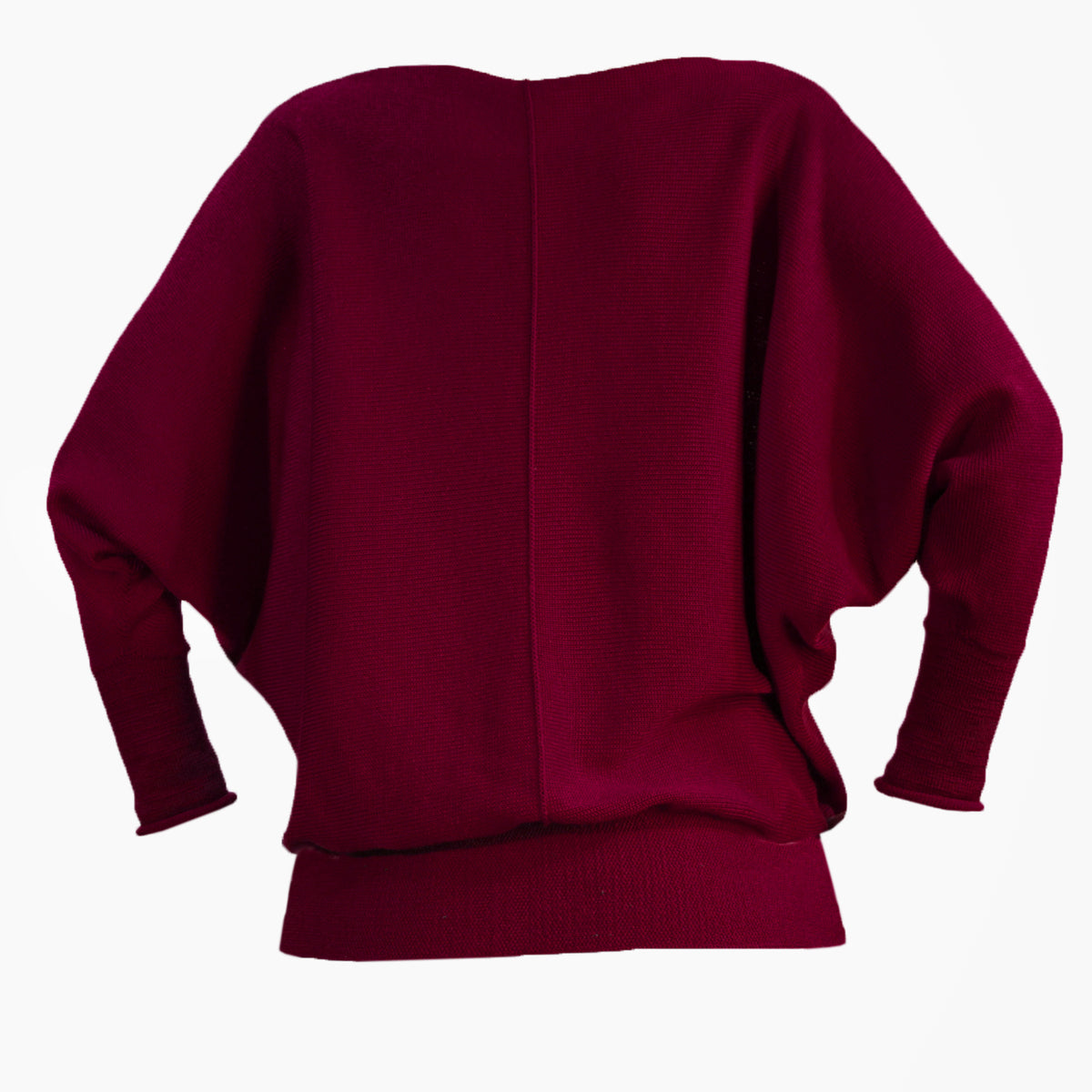 Beaudaux Roter gestrickter Pullover mit angeschnittenen Ärmeln . Der Pullover hat einen elastichen Bund und lange elastische Ärmelbündchen, die hier  leicht geschoppt sind.