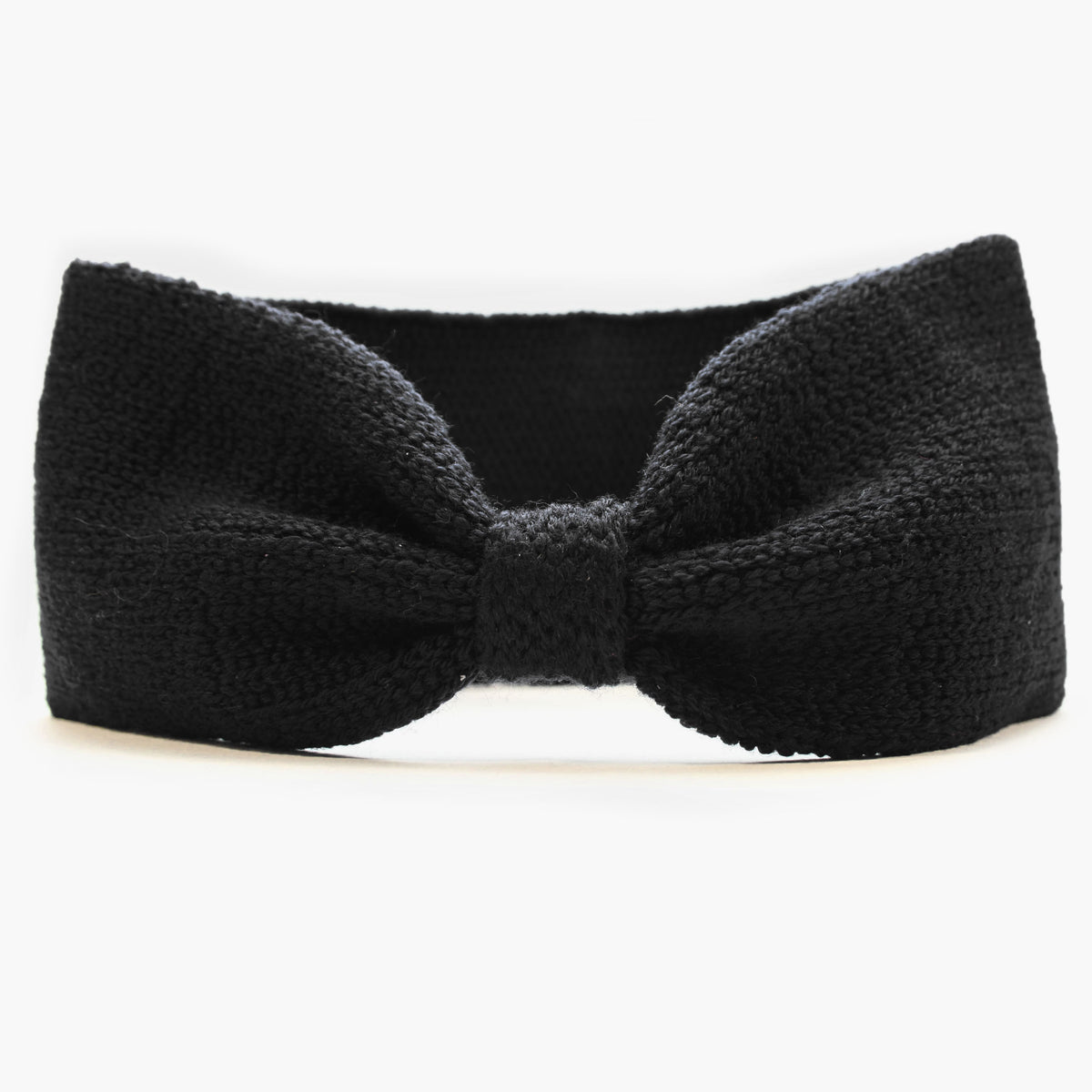 Schwarzes, gestricktes Stirnband mit einer kleinen Schlaufe