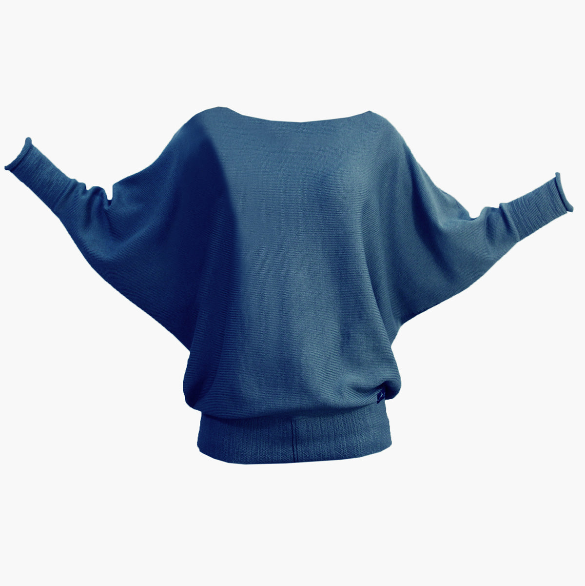 Blauer gestrickter Pullover mit angeschnittenen Ärmeln . Der Pullover hat einen elastichen Bund und lange elastische Ärmelbündchen, die hier  leicht geschoppt sind.
