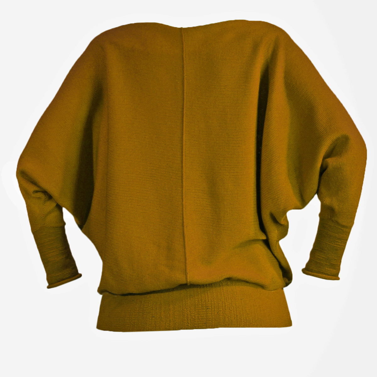 Broncefarbener gestrickter Pullover mit angeschnittenen Ärmeln . Der Pullover hat einen elastichen Bund und lange elastische Ärmelbündchen, die hier  leicht geschoppt sind.