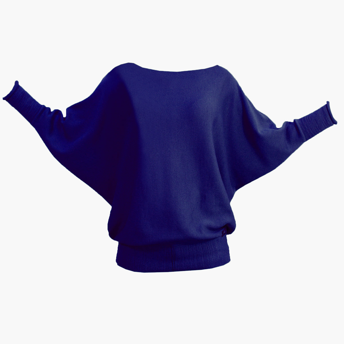 Royalblauer gestrickter Pullover mit angeschnittenen Ärmeln . Der Pullover hat einen elastichen Bund und lange elastische Ärmelbündchen, die hier  leicht geschoppt sind.