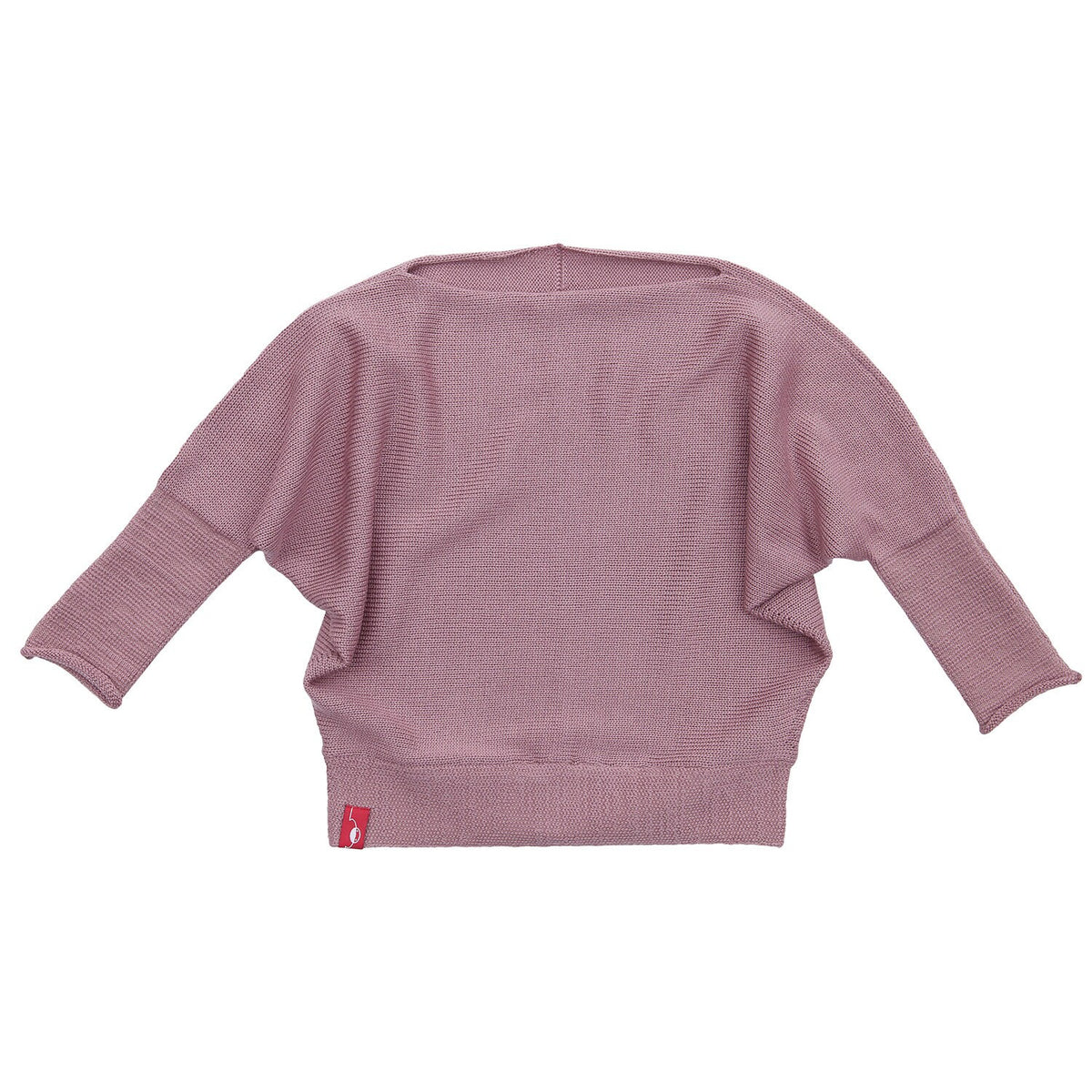 Rosenholz Farbener gestrickter Pullover mit angeschnittenen Ärmeln . Der Pullover hat einen elastichen Bund und lange elastische Ärmelbündchen.